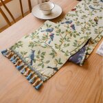Chemin de table  pampilles dgrad bleu et marron avec fleurs et oiseaux 30 x 120 cm - adapt aux repas ...