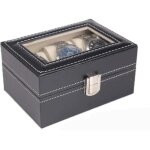 Bo�te � montres noire pour 3 montres, coutures blanches et fen�tre transparente