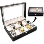 Bote  montres, boite de rangement, prsentoir montres, coffret  montres, 12 grilles, noir / beige