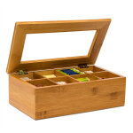 Bote  th en bambou 8 compartiments coffret sachets th vrac 9 x 28 x 16 cm fentre transparente, nature ...