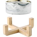 Bol pour chat en c�ramique motif marbre gris et bord dor� support en bois