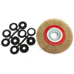 Brosse circulaire en acier diam�tre 150 mm , plate avec 10 anneaux pour touret � meuler, meuleuse d'�tabli, ...