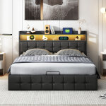 Bsmgsgn - lit coffre 160x200 cm avec led et prise usb, lit double rembourr� en pu noir avec syst�me hydrauliqu ...