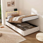 Bsmgsgn - lit coffre 90x200 cm beige, lit rembourr� 1 place avec rangement hydraulique, �clairage led ...
