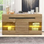Buffet, 140x35x80 cm, couleur ch�ne, buffet moderne � led, 3 portes et 3 tiroirs, offrant un grand espace ...