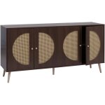Buffet 160 cm effet noyer fonc� 4 portes avec inserts en cannage poly - rotin style r�tro scandinave ...