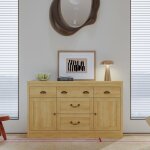 Buffet - 5 tiroirs 2 portes en bois clair effet ch�ne - style rustique & naturel - 135x39. 8x80 cm - ...