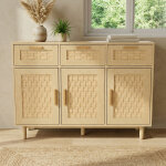 Buffet bahut 108cm, meuble de rangement cuisine salon, 3 portes 3 tiroirs effet cannage tress�, pieds ...