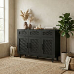 Buffet bahut 108cm, meuble de rangement cuisine salon, 3 portes 3 tiroirs effet cannage tress�, pieds ...