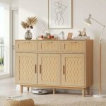 Buffet bas bahut 115x40x80 cm avec 3 tiroirs et 2 portes en bambou tress�, meuble de rangement cuisine ...