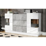 Buffet blanc brillant avec 2 portes et 3 tiroirs, aspect marbre gris, meuble tv led de 16 couleurs