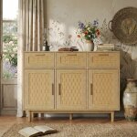 Buffet en bois avec 3 tiroirs et 3 portes en cannage rotin, enfilade style maison de campagne, meuble ...