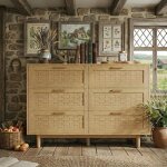 Buffet en bois massif avec 5 tiroirs en rotin, bahut meuble de rangement style boh�me et rustique pour ...