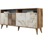 Buffet en bois noyer et blanc effet marbre 4 portes roma 160cm