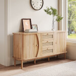 Buffet commode rotin ? portes coulissantes, �tag�res r�glables, plateau arrondi