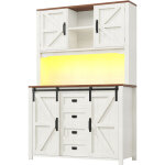 Buffet de cuisine haut avec led et portes coulissantes, blanc �l�gant 115�40�174, 7 cm