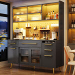 Buffet de cuisine avec led, tiroirs, porte coulissante et pegboard, noir, 145x39x171 cm