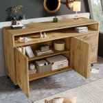 Buffet et enfilade avec 2 portes, 3 tiroirs et niche ouverte, fa�ade � lattes, style vintage, en bois, ...