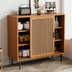 Buffet et enfilade avec 2 portes coulissantes en rotin et 3 �tag�res r�glables, style campagne, en panneau ...