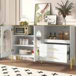 Buffet et enfilade avec 2 tiroirs et 2 portes vitr�es, passage de c�bles, style moderne, en mdf, blanc, ...