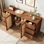Buffet et enfilade avec 6 tiroirs et 2 portes en rotin, style moderne, en mdf, 160�40�90 cm, marron