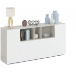Buffet meuble de rangement avec 3 portes coloris b�ton / blanc artic - longueur 150 x hauteur 76 x profondeur ...