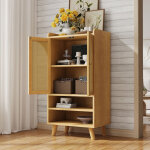 Buffet de rangement avec portes en rotin et niches ouvertes, bois naturel, 60x40x121 cm