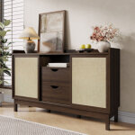 Buffet r�tro en noyer naturel � portes coulissantes ? 2 tiroirs + �tag�res r�glables, rangement modulable ...