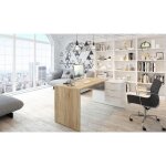 Bureau de bureau 145x108x73h cm avec 3 tiroirs et 1 tagre blanc mat et chne canadien ? zugo