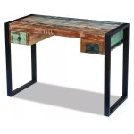 Bureau 2 tiroirs 1 porte bois massif recycl� multicolore et m�tal noir moust 110 cm