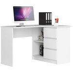 Akord - bureau d'angle droit b16 blanc 124 cm 3 tiroirs faade blanche 2 tagres 124x85x77 cm