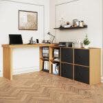 Bureau d'angle rotatif 360� 120x48x78 + 140x35x74 cm avec 8 rangements, mdf noir et ch�ne