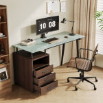 Bureau design avec plateau en verre et pi�tement en tube d'acier ? 3 tiroirs, compartiments ouverts, ...