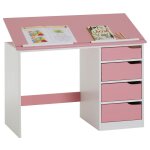 Bureau enfant emma, en pin massif, 4 tiroirs et plateau inclinable, lasur blanc et rose
