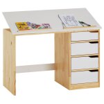 Bureau enfant emma, en pin massif, 4 tiroirs et plateau inclinable, naturel et lasur blanc