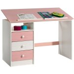 Bureau enfant kevin, en pin massif, 3 tiroirs et plateau inclinable, lasur blanc et rose
