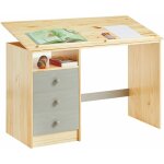 Bureau enfant kevin, en pin massif, 3 tiroirs et plateau inclinable, vernis naturel et lasur gris