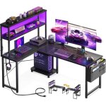 Bureau gaming en l avec led & prise de courant, bureau r�versible 53  avec �tag�re, sac de rangement ...