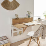 Mob - in - bureau mural rabattable ch�ne et blanc 100cm - avec passe c�bles