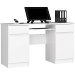Bureau d'ordinateur akord a5 blanc 135 cm 2 portes 2 tiroirs faade blanche 5 tagres 135x50x77 cm