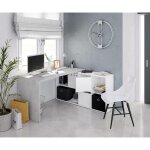 Bureau rversible avec bibliothque  six compartiments, couleur blanc et bton, 136 x 74 x 139 cm.