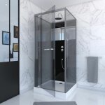 Cabine de douche carre 90x90cm porte pivotante - fond noir avec bande effet miroir - square stripe
