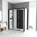 Aurlane - cabine de douche rectangle 170x90x215cm - blanche avec profile noir mat a receveur haut infinity ... Aurlane - cabine de douche rectangle 170x90x215cm - blanche avec profile noir mat a receveur haut infinity ...
