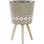 Cache - pot support plantes beige taupe avec 3 pieds en bois 35 cm de diamtre motif ethnique peint  ...