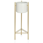 Cache - pot sur pied en m�tal dor� et pot blanc - hauteur 80cm