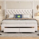 Cadre de lit 140x200 cm avec 2 tiroirs, lit adulte double avec �clairage led et port usb, sommier � lattes, ...