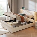 Cadre de lit coffre velours beige 140x190 cm avec sommier � lattes, rangement hydraulique et lampes led ...