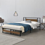 [en. casa] - cadre de lit double villach en mtal 140 x 200 cm noir mat effet noyer