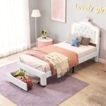 Cadre de lit simple 90x200 cm pour fille, lit enfant 90x200 cm avec tiroirs, t�te de lit couronne r�glable ...