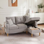 Canap� d?angle 3 places avec 2 coussins, m�ridienne de rangement et porte - gobelet, en coton lin gris ...